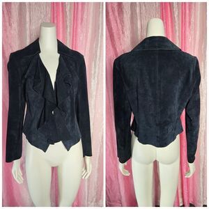 Ideology Blue Suede Leather Cascade Collar Cropped Jacket Size Medium Petite